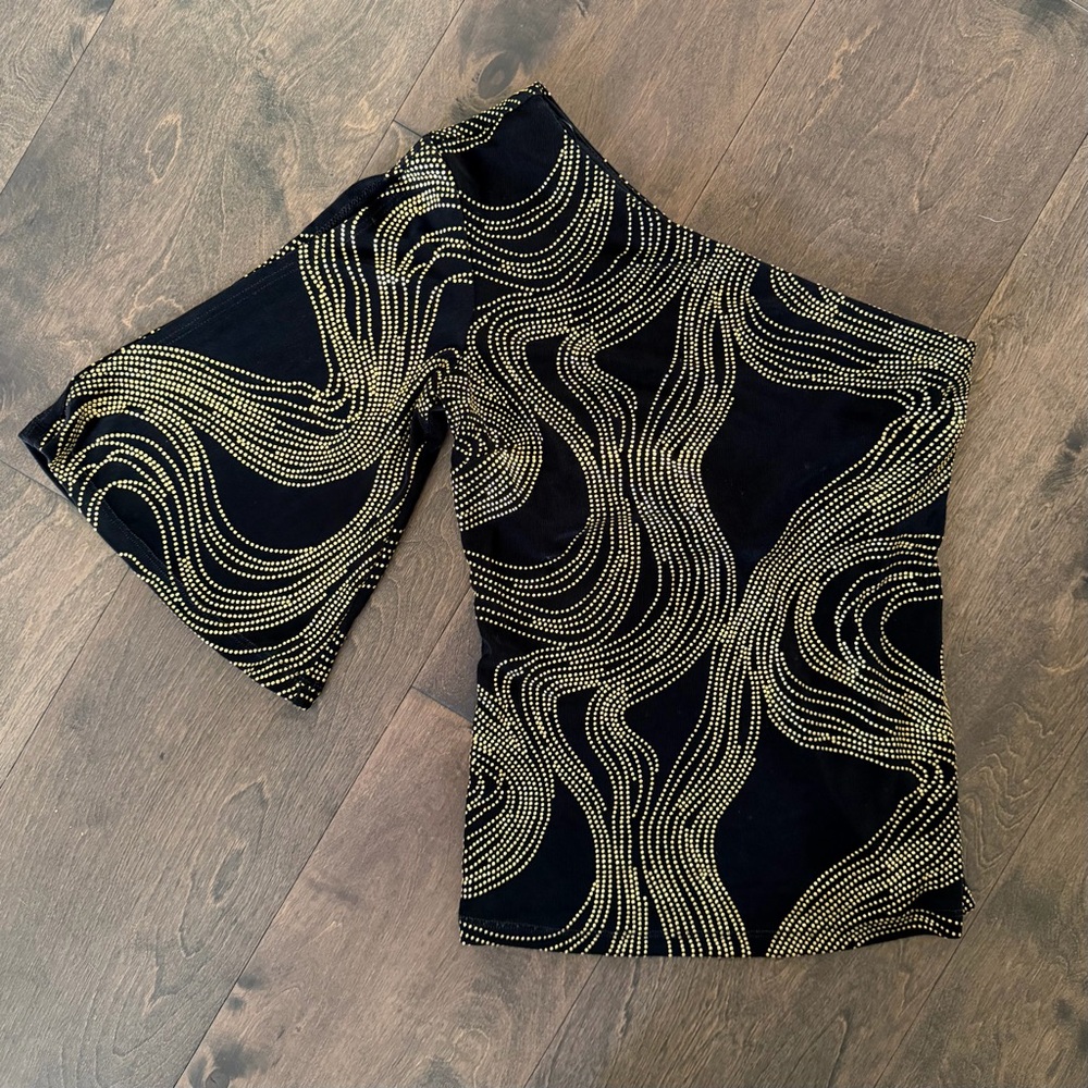 Cache Black One-Shoulder Blouse with Gold Detailing
